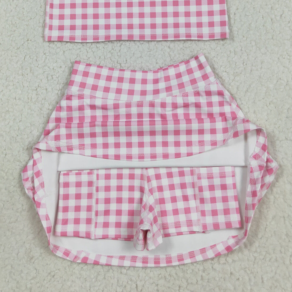 RTS NO MOQ (In stock)GSD2786 Baby Girls Yoga Outfits Baby Girls Sleeveless Pink Checked Vest Top Skorts Yoga Activity Set