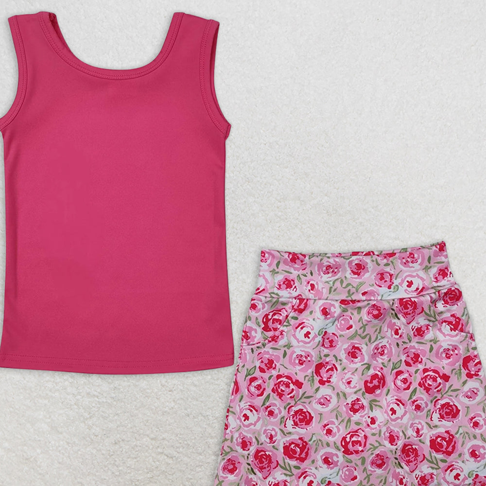 GSD1599RTS NO MOQ Baby Girls Yoga Outfits hot pink sleeveless top stripe floral skirt kids girls clothes