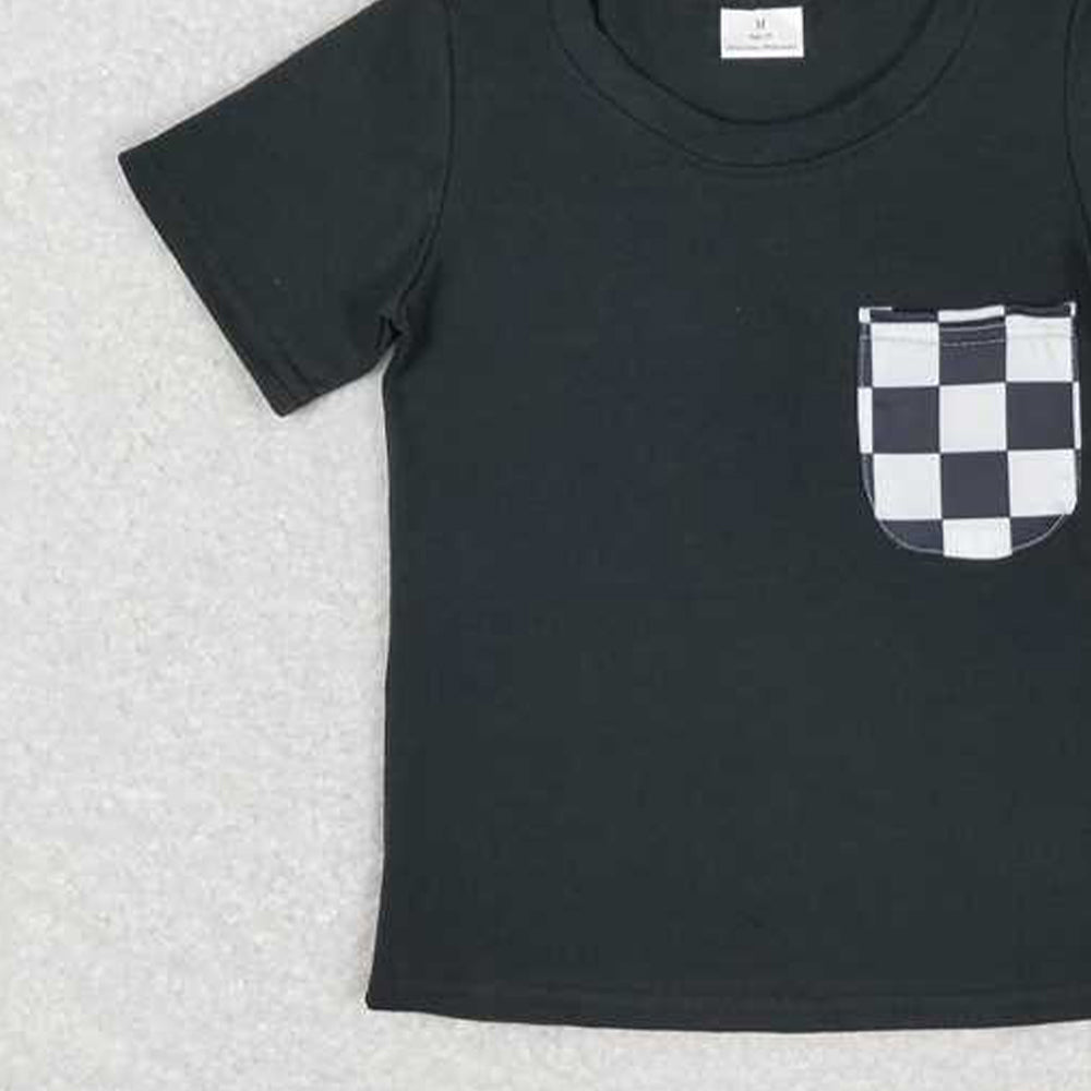 5.19 BT0660 RTS NO MOQ Black plaid pocket short sleeves kids boys top