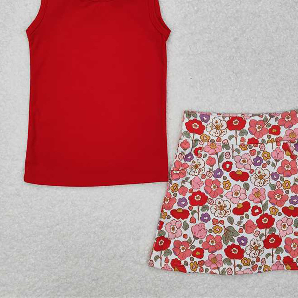 4.30 GSD1598 RTS NO MOQ Baby Girls Red Sleeveless Vest Top Skirts With Shorts Yoga Set