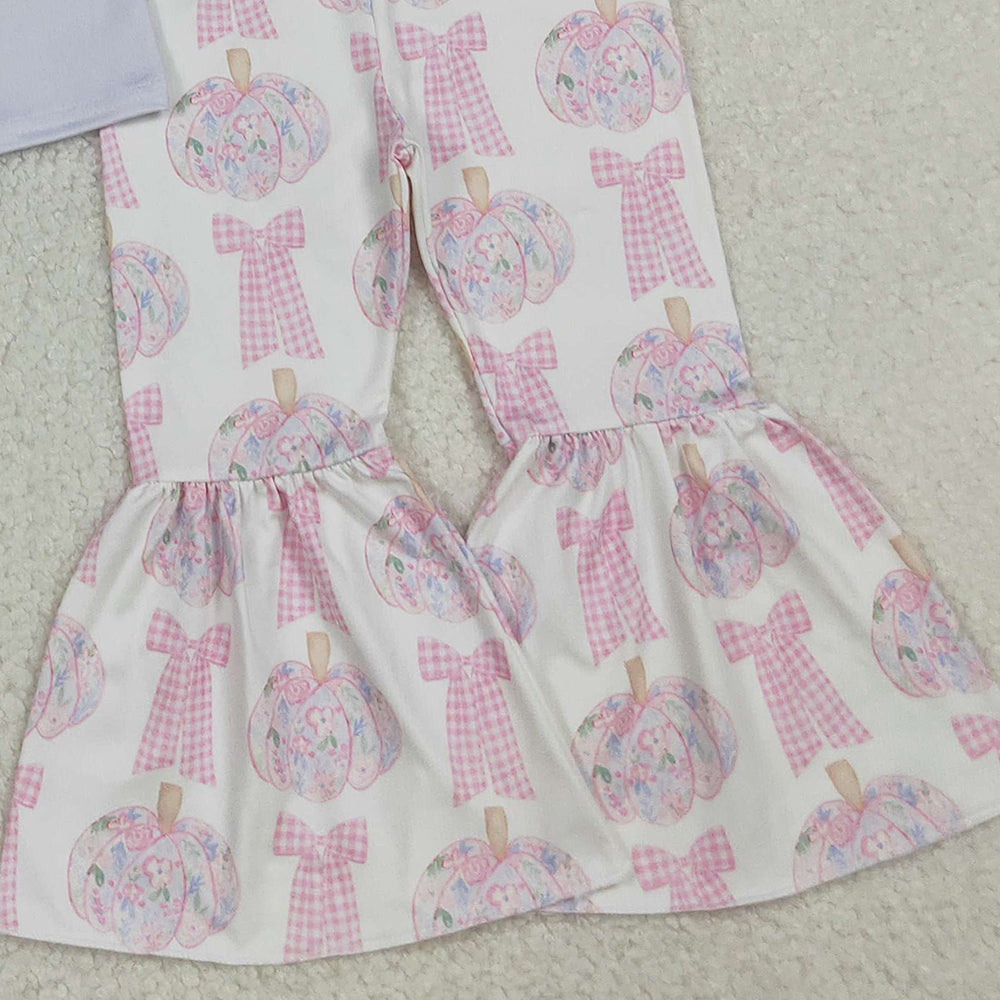 10.10 RTS NO MOQ (In stock)GLP2532 Baby Girls Winter Outfits Baby Girls Long Sleeves Bows Pumpkins Top Bell Bottom Pants Fall Clothes Sets