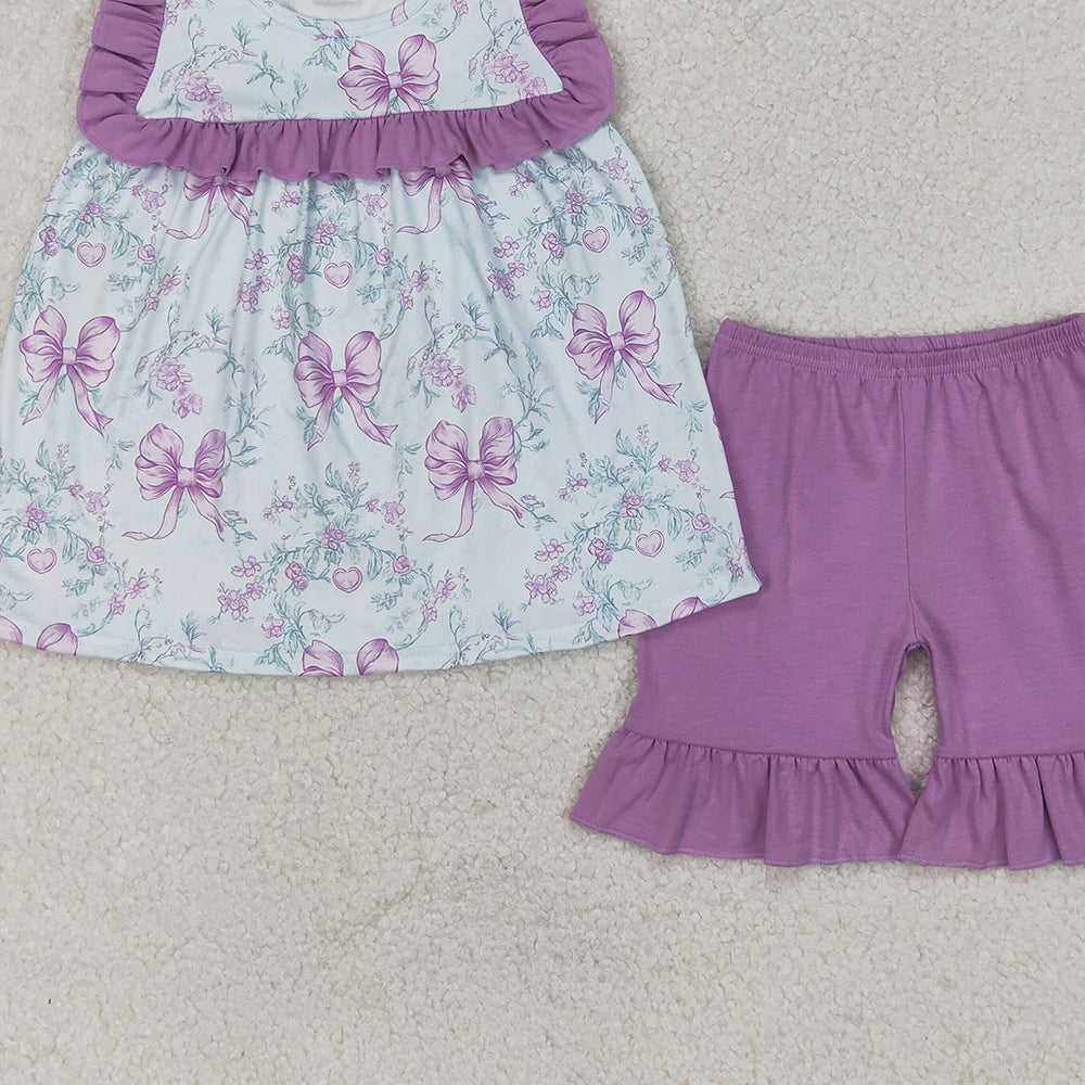4.07 GSSO2315 RTS NO MOQ Baby Girls Summer Outfits Lavender ruffle floral bow tunic shorts girls clothing