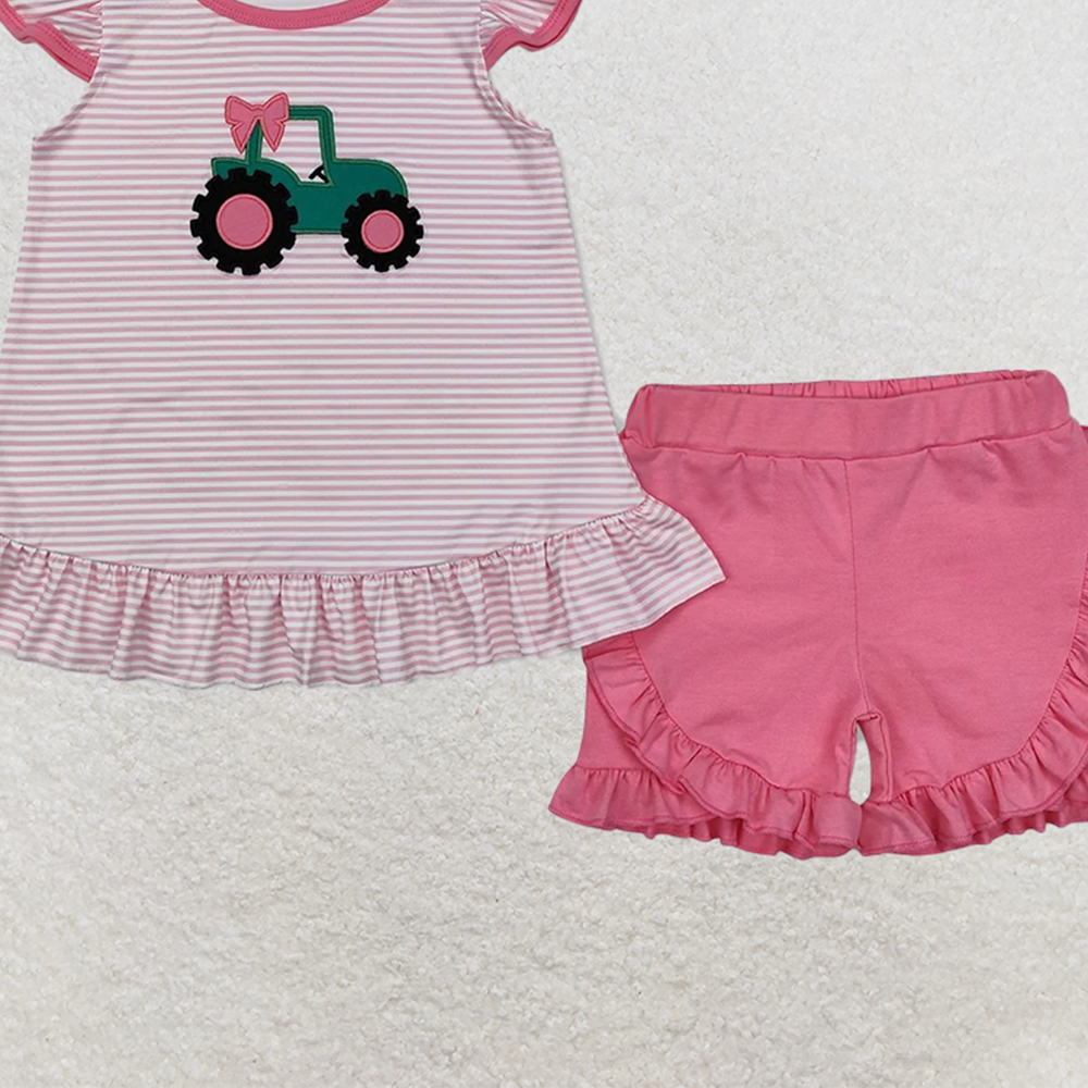 GSSO1757RTS NO MOQ Baby Girls Summer Outfits Pink stripe flutter sleeves tractor kids girls farm outfits
