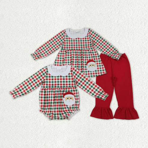 10.13 RTS Sibling Baby Girls Red Green Checked Embroidery Santa Tunic Ruffle Pants Christmas Set Rompers