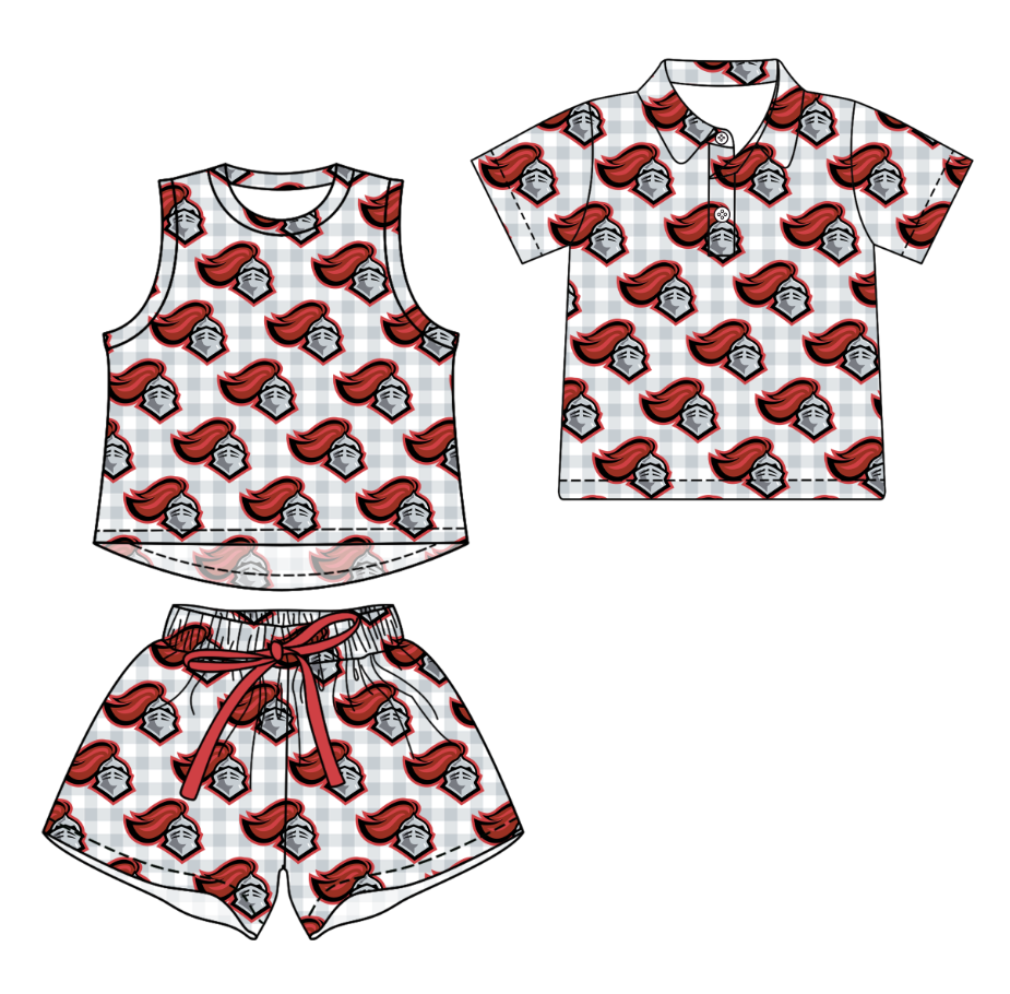 3.16 CUSTOM MOQ 5 Sibling Boys Baby Girls Summer Fashion Light Gray Check Sleeveless Top Shorts Button Polo Shirts Team Clothes Sets