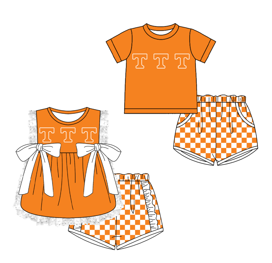 CUSTOM MOQ 5 Cute Comfortable Clothing For Kids Sibling Boys Baby Girls Summer Orange T Top Checked Shorts Team Clothes Sets