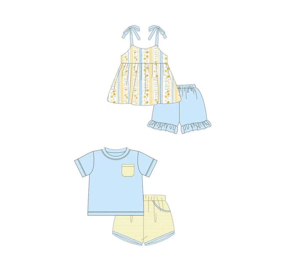 Girls Yellow Floral Tunic Ruffle Shorts Set with Straps - Spring Summer Children's Clothing Outfit