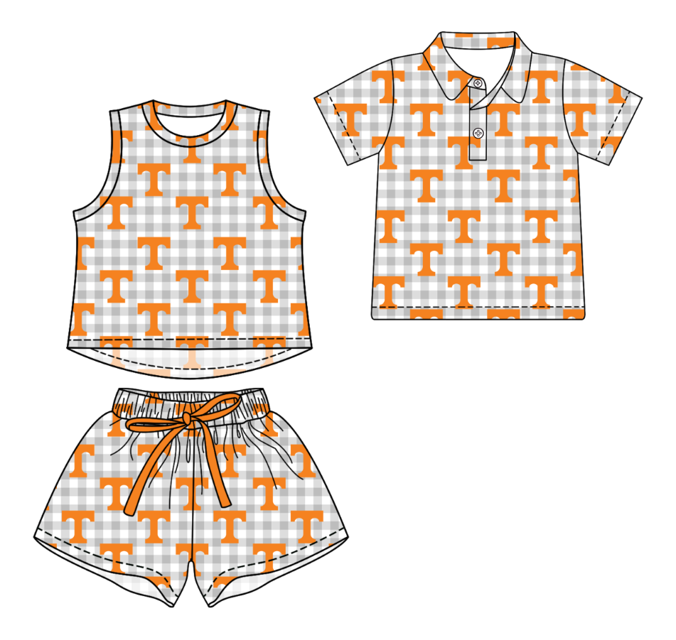 3.13 CUSTOM MOQ 5 Sibling Boys Baby Girls Summer Fashion Gray Check Orange T Sleeveless Top Shorts Button Polo Shirts Team Clothes Sets
