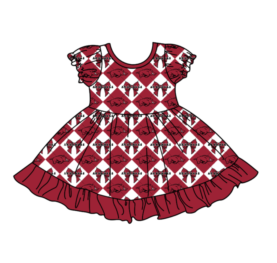 CUSTOM MOQ 5 Baby Girl Red Bow Plaid Short SleeveTeam Knee Length Dresses