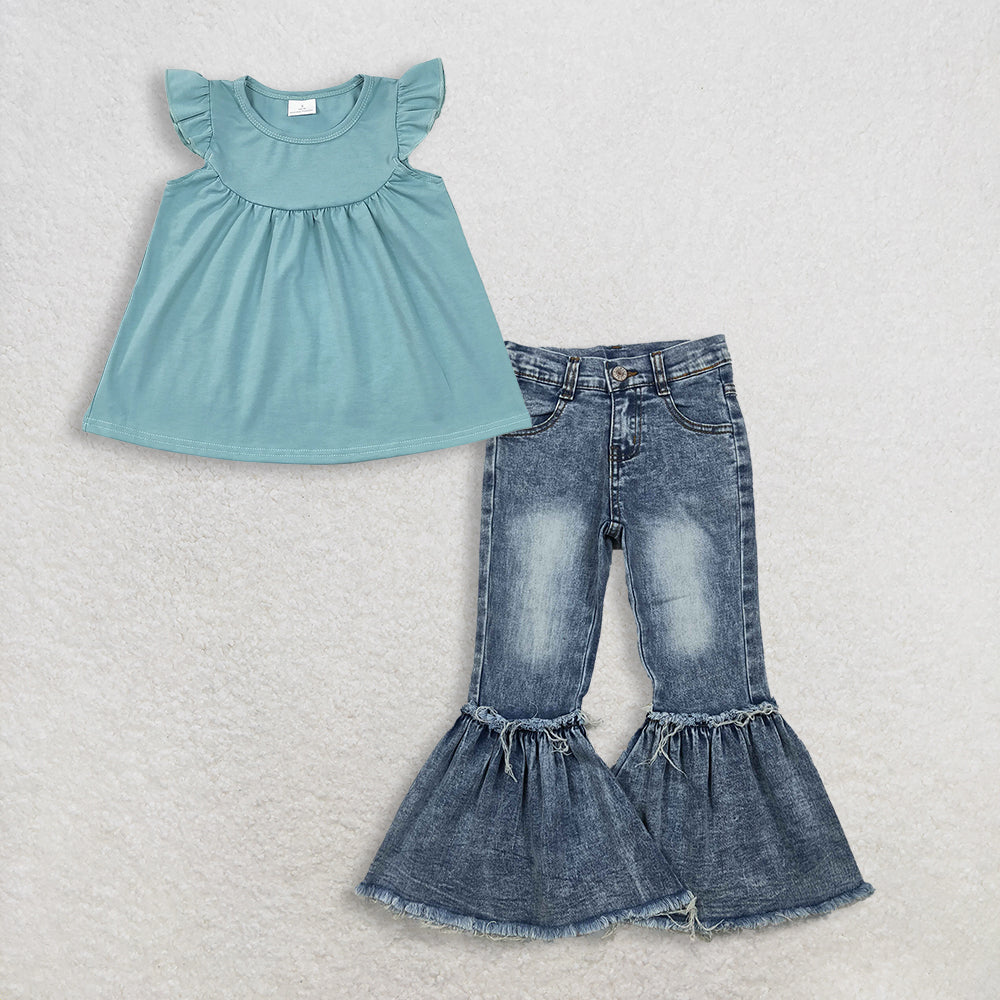 3.10 RTS NO MOQ (In stock)GT0460 + P0676 Baby Girls Blue Cotton Flutter Sleeve Tunic Tops Denim Pants Jeans Clothes Set