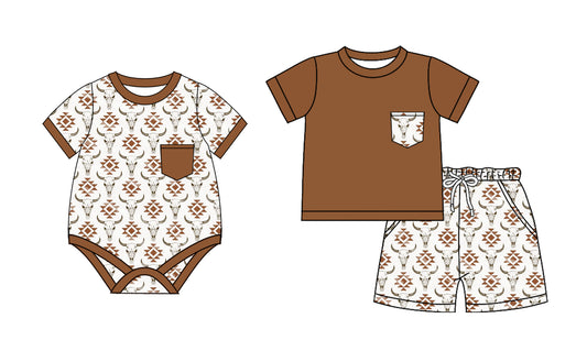 Western Boys Brown Pocket Top Aztec Bull Skull Shorts Set Casual Country Style Kids' Outfit