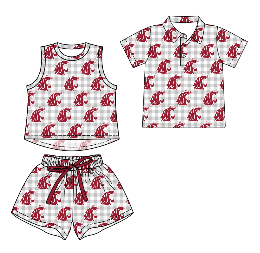 3.16 CUSTOM MOQ 5 Sibling Boys Baby Girls Summer Fashion Gray Check Sleeveless Top Shorts Button Polo Shirts Team Clothes Sets