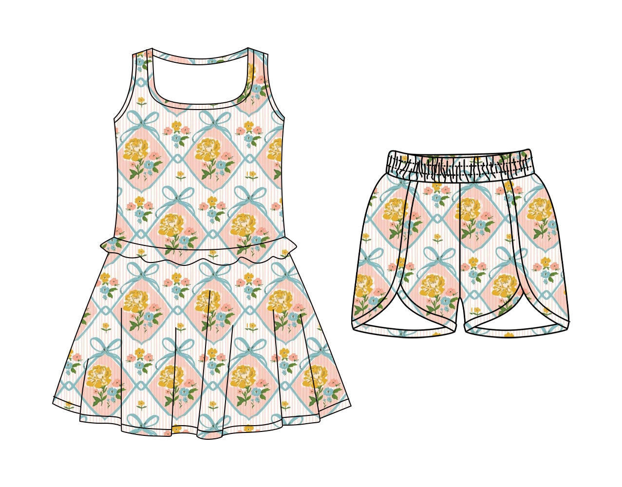 CUSTOM MOQ 5 Sibling Baby Girls Sleeveless Yellow Flowers Knee Length Dress Shorts Yoga Athletic Sets