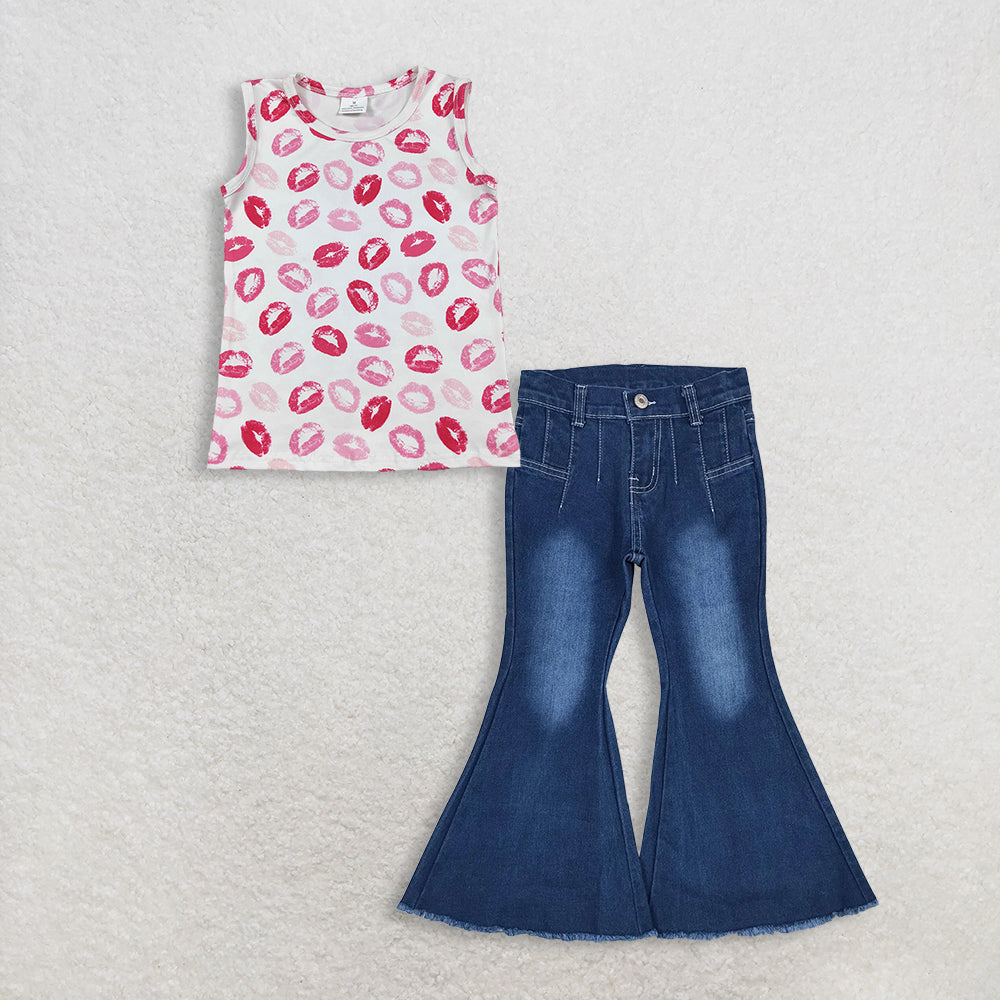 3.2 RTS NO MOQ (In stock)GT1419 + P0457 Baby Girls Summer Red Sleeveless Shirt Denim Jeans Pants Clothes Sets