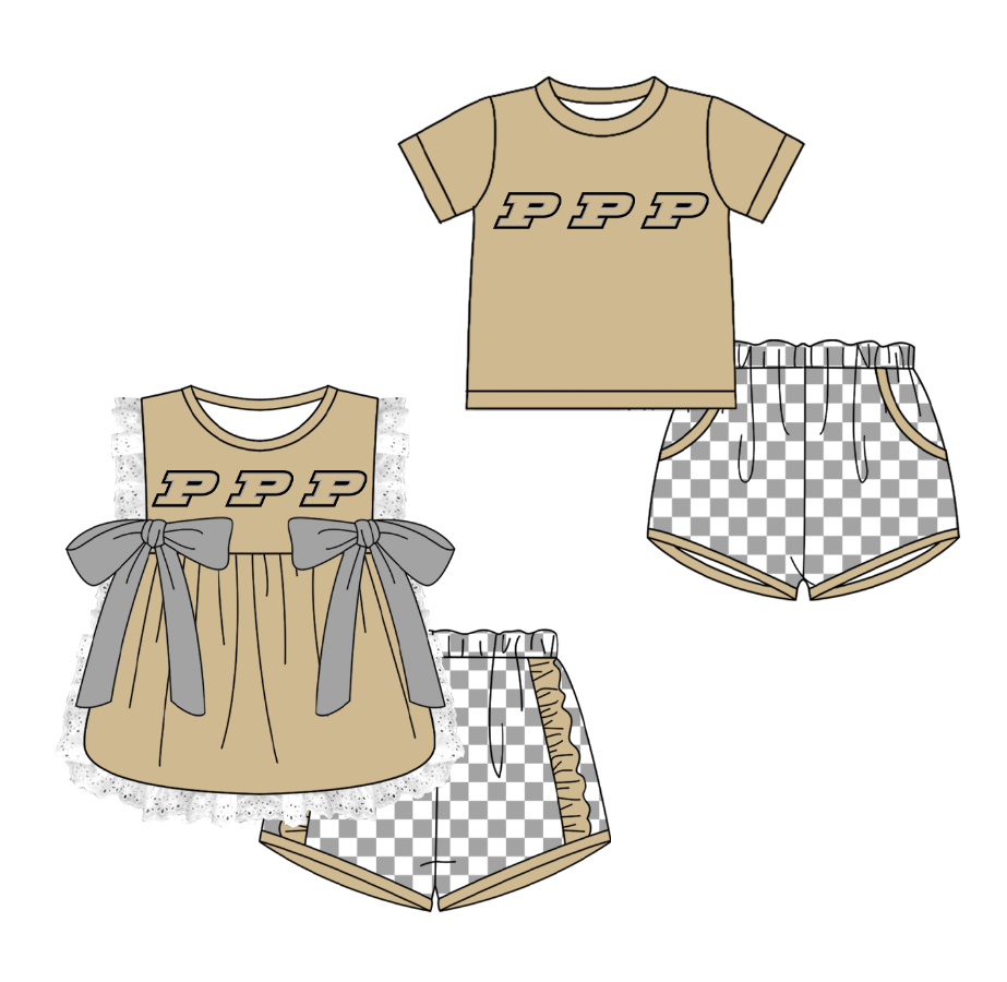 CUSTOM MOQ 5 Cute Kids Clothing Sibling Boys Baby Girls Summer Khaki Bow Top Gray Checked Shorts Team Clothes Sets