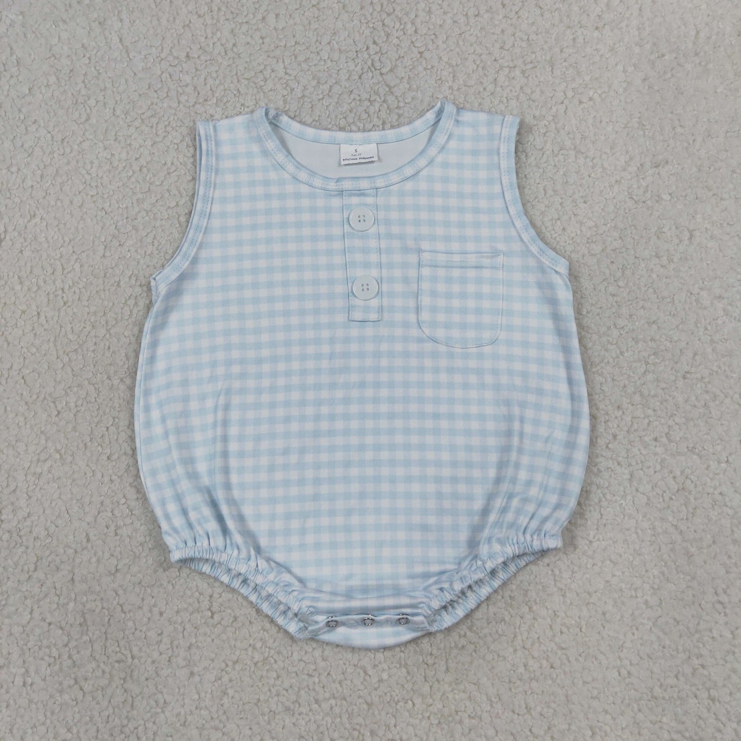 SR4232 RTS NO MOQ (In stock)Baby Kids Sleeveless Light Blue Checked Button Pocket Rompers