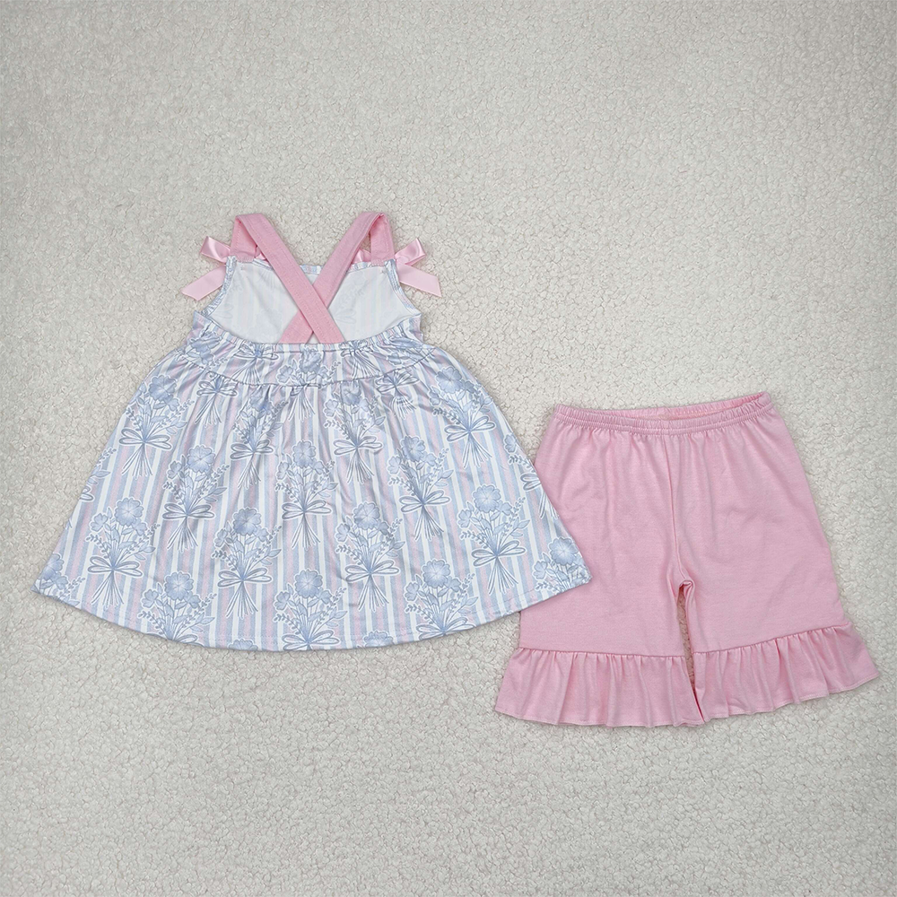4.08 GSSO2429 RTS NO MOQ Baby Girls Summer Outfits Pink Strap Floral Stripe Tunic Ruffle Short Set