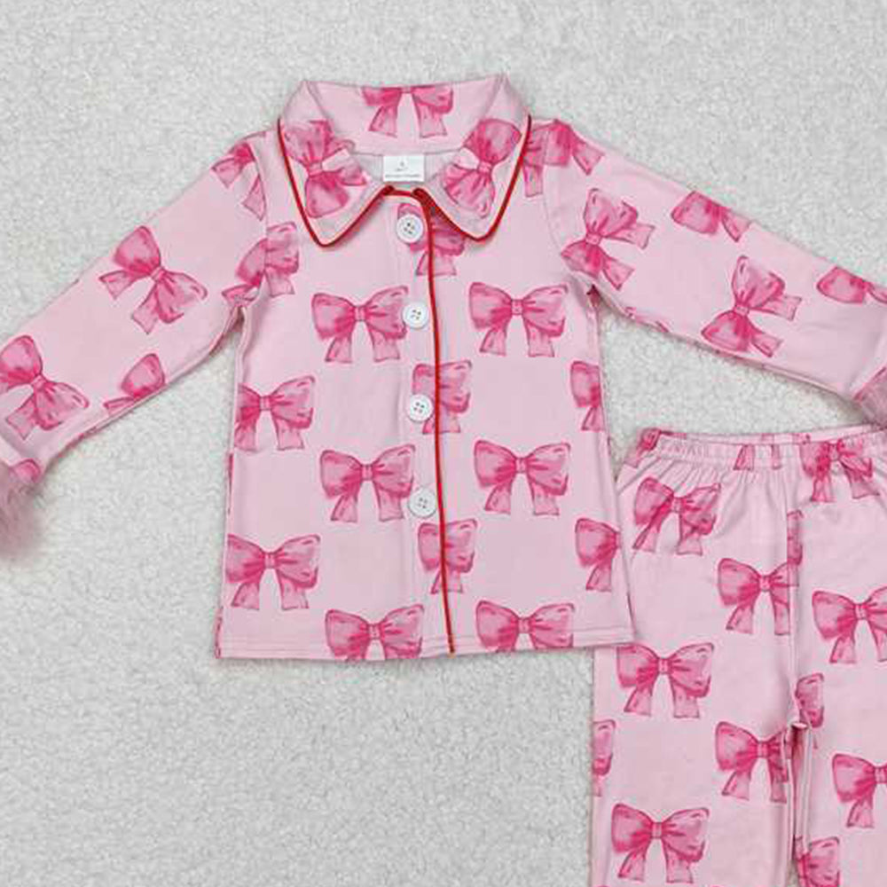 4.30 GLP2289 RTS NO MOQ Pink bow fur long sleeves kids girls button down pajamas