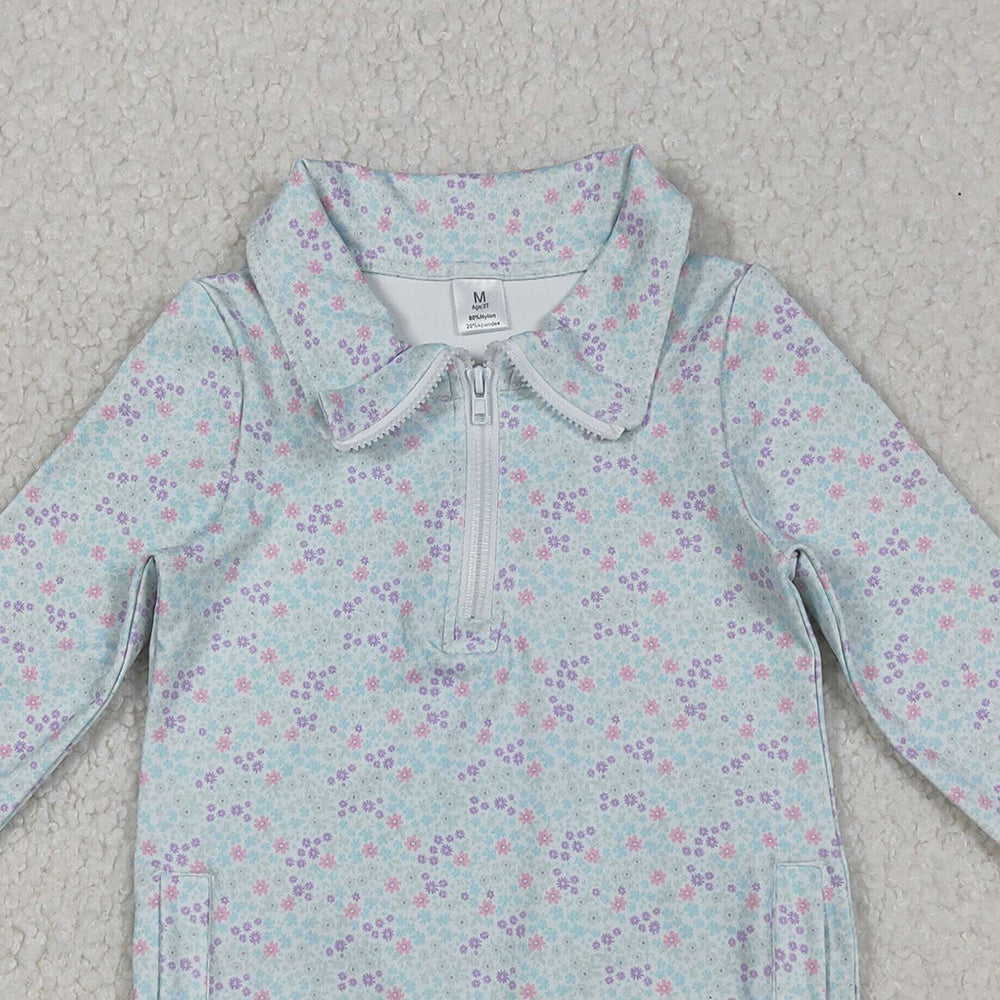 10.10 RTS NO MOQ (In stock)GT1182 Baby Girls Long Sleeve Tops Baby Girls Small Floral Zipper Pockets Yoga Active Pullovers Top
