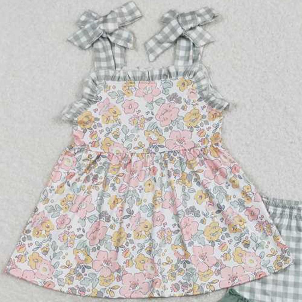 GSSO0565Girls Plaid Suspender Tunic with Floral Ruffle Shorts Set Cute Preemie to 14T Size Matching Family Outfit Option