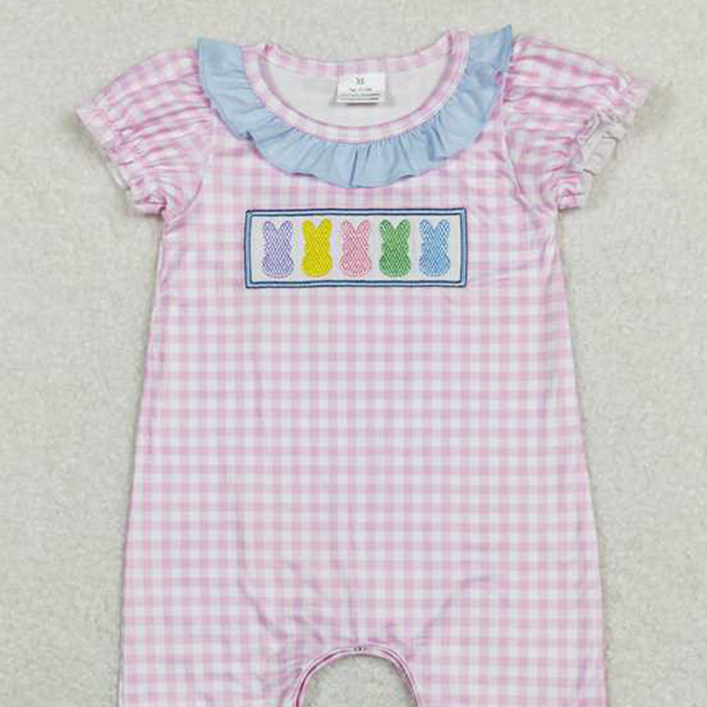 5.16 SR0689 RTS NO MOQ Pink plaid bunny ruffle baby girls easter romper