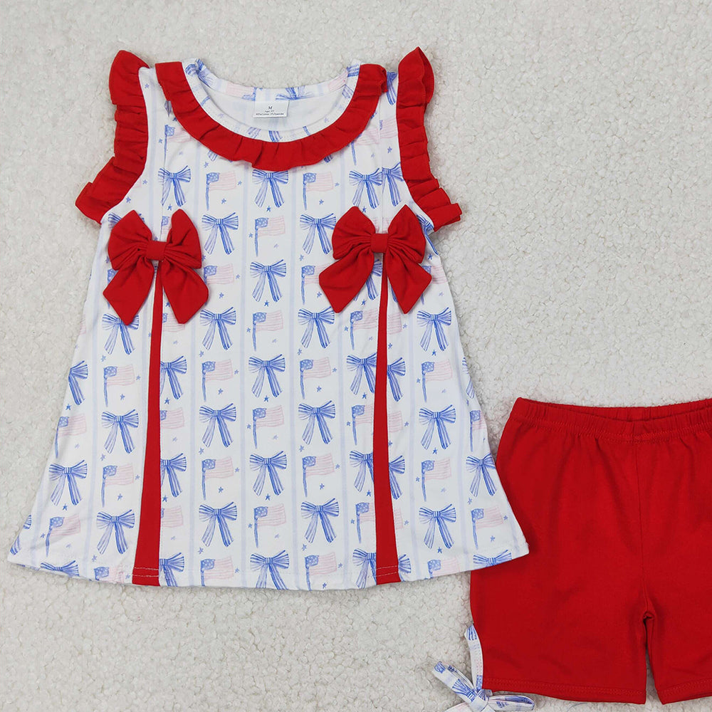 6.11 GSSO2373 RTS NO MOQ Baby Girls Summer Outfits Toddler Girls July 4th Red Shorts Outfit