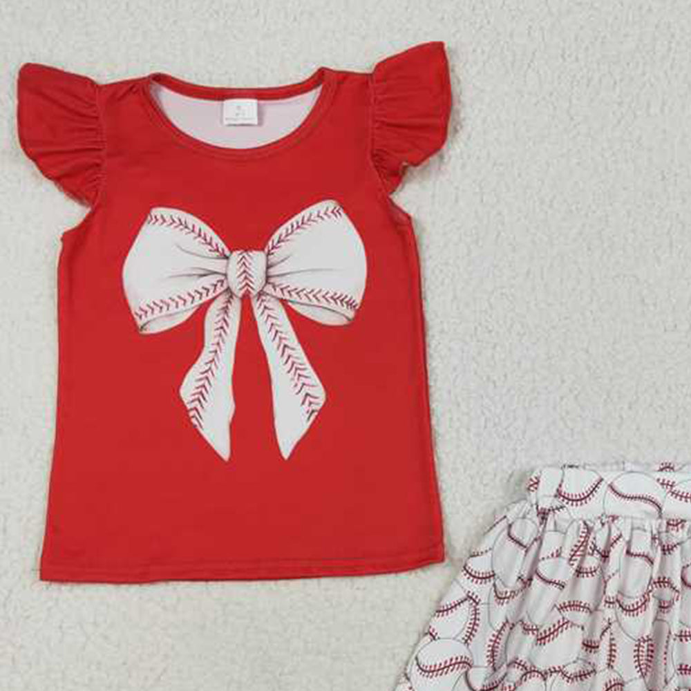 4.12 GSD1722 RTS NO MOQ Red flutter sleeves baseball bow top skirt girls clothes