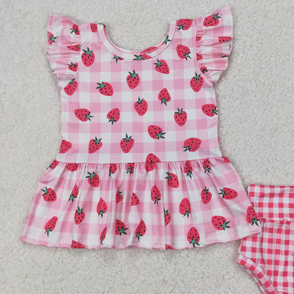 4.08 GBO0264 RTS NO MOQ Baby Girls Strawberry Pink Gingham Bummie Set
