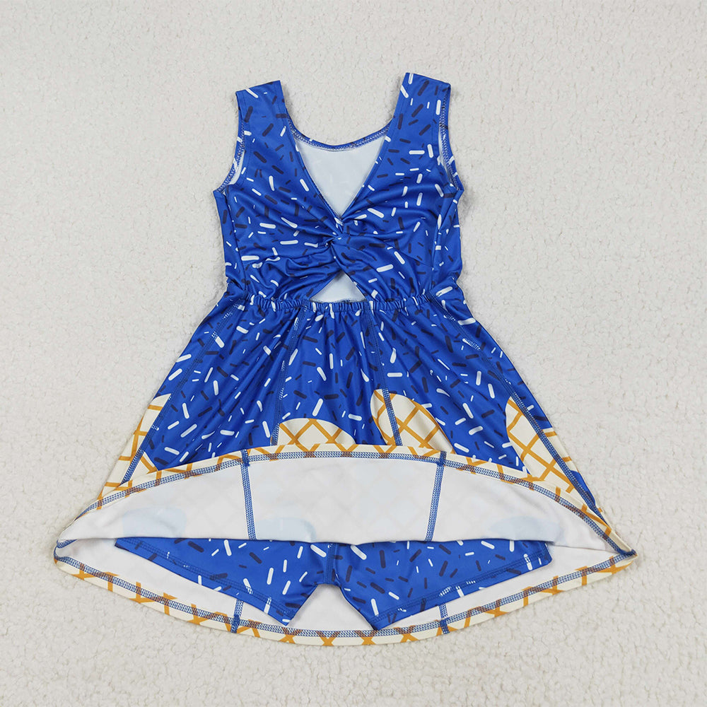 RTS NO MOQ (In stock)GSD2751 Baby Girls Summer Yoga Dress Baby Girls Royal Blue Drip Sprinkles Team Yoga Active Knee Length Dresses