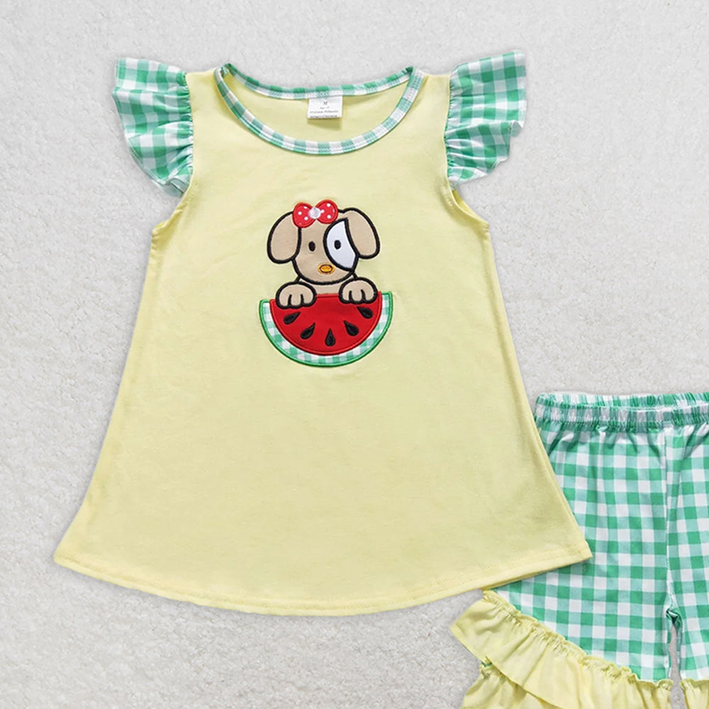 GSSO0483RTS NO MOQ Baby Girls Summer Outfits Dog watermelon top plaid shorts girls summer clothes