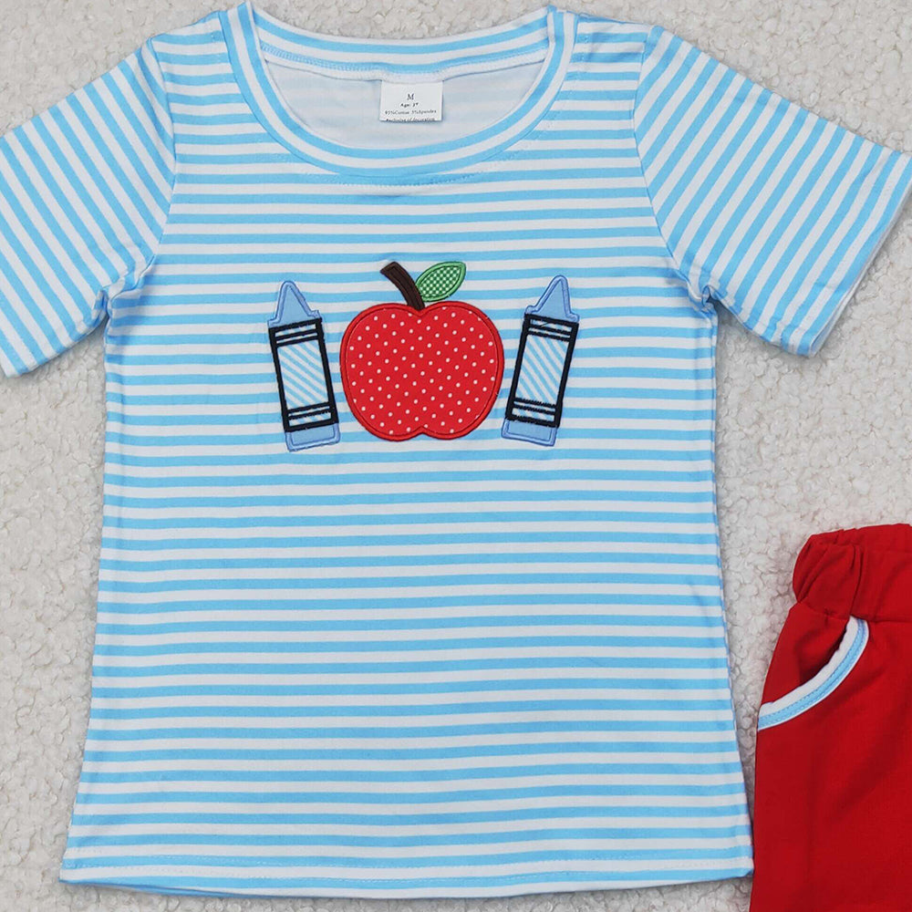 BSSO1328 RTS NO MOQ Baby Boys Summer Boys Outfits Stripe apple crayon top shorts boys back to school clothes