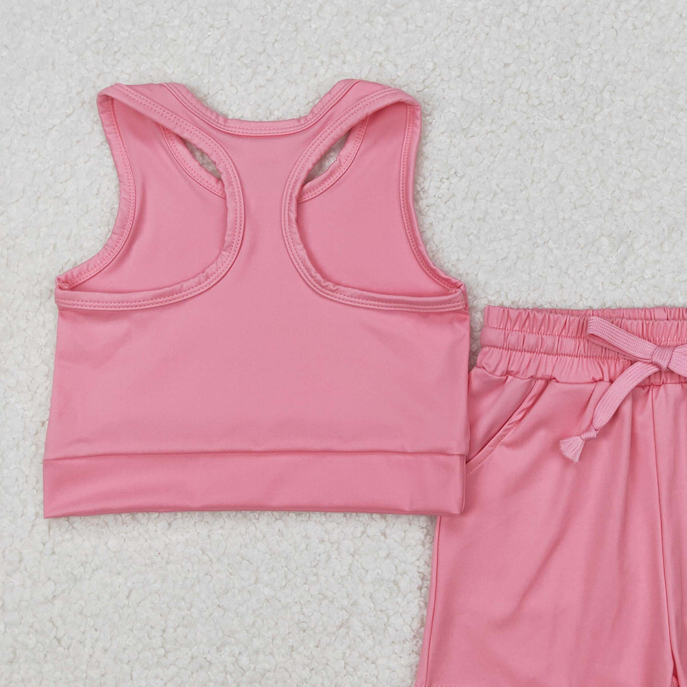 4.08 GSSO2130 RTS NO MOQ Baby Girls Summer Outfits Pink Sleeveless Top Pockets Shorts Yoga Set