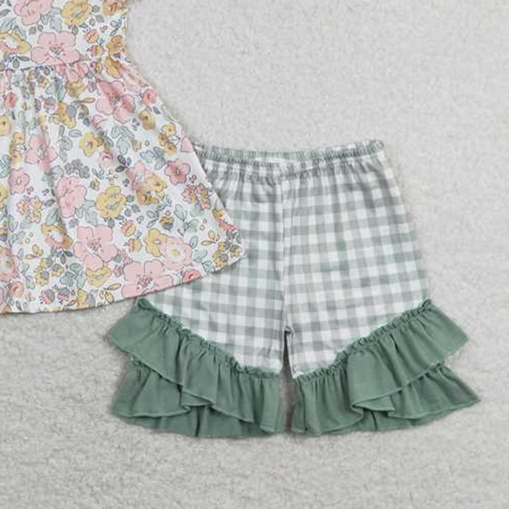 GSSO0565Girls Plaid Suspender Tunic with Floral Ruffle Shorts Set Cute Preemie to 14T Size Matching Family Outfit Option