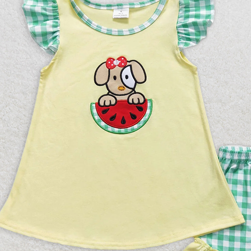 GSSO0483RTS NO MOQ Baby Girls Summer Outfits Dog watermelon top plaid shorts girls summer clothes
