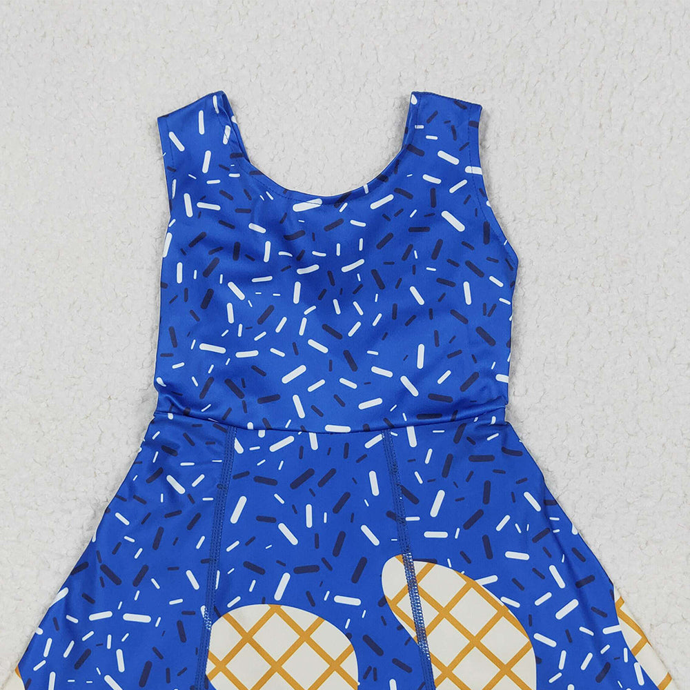 RTS NO MOQ (In stock)GSD2751 Baby Girls Summer Yoga Dress Baby Girls Royal Blue Drip Sprinkles Team Yoga Active Knee Length Dresses