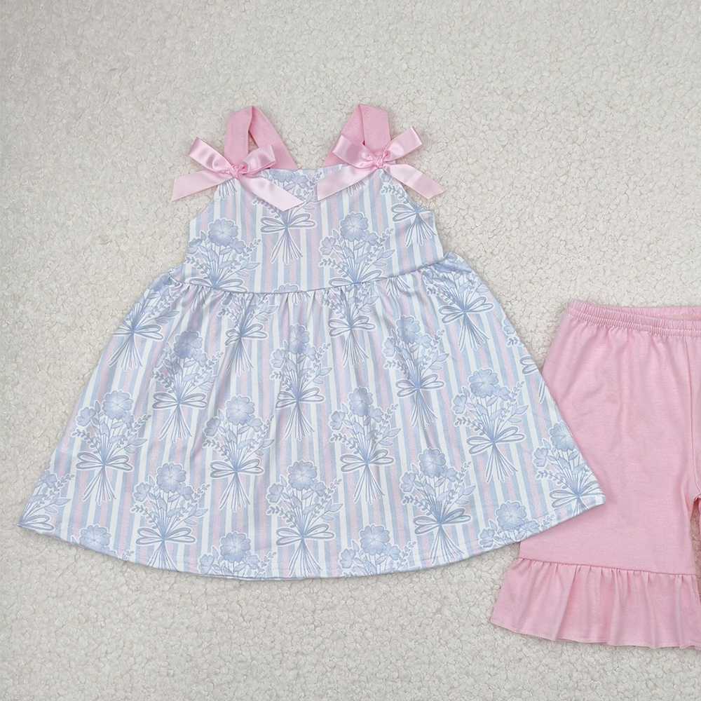 4.08 GSSO2429 RTS NO MOQ Baby Girls Summer Outfits Pink Strap Floral Stripe Tunic Ruffle Short Set