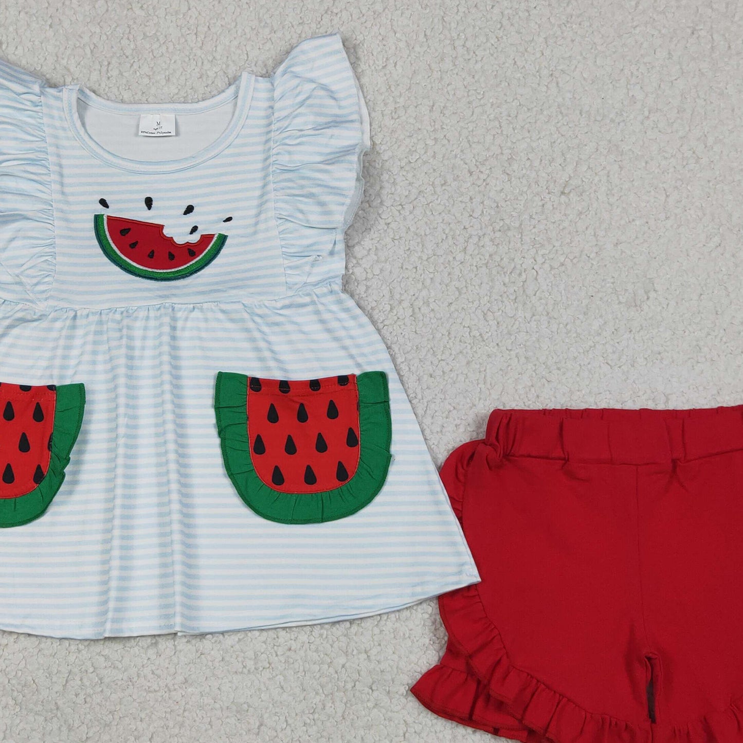 GSSO3636 RTS NO MOQ (In stock)Embroidery Watermelon Baby Girls Blue Stripe Pockets Tunic Ruffle Short Clothes Sets