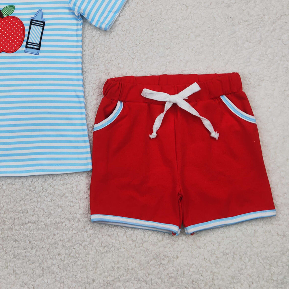 BSSO1328 RTS NO MOQ Baby Boys Summer Boys Outfits Stripe apple crayon top shorts boys back to school clothes