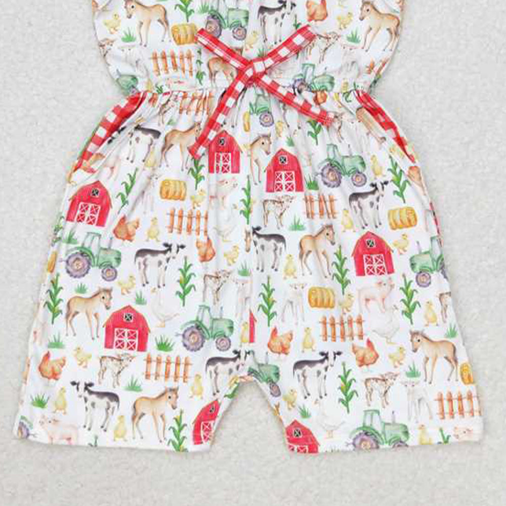 4.22 SR1301 RTS NO MOQ Plaid pig horse chicken pockets baby girls farm jumpsuit