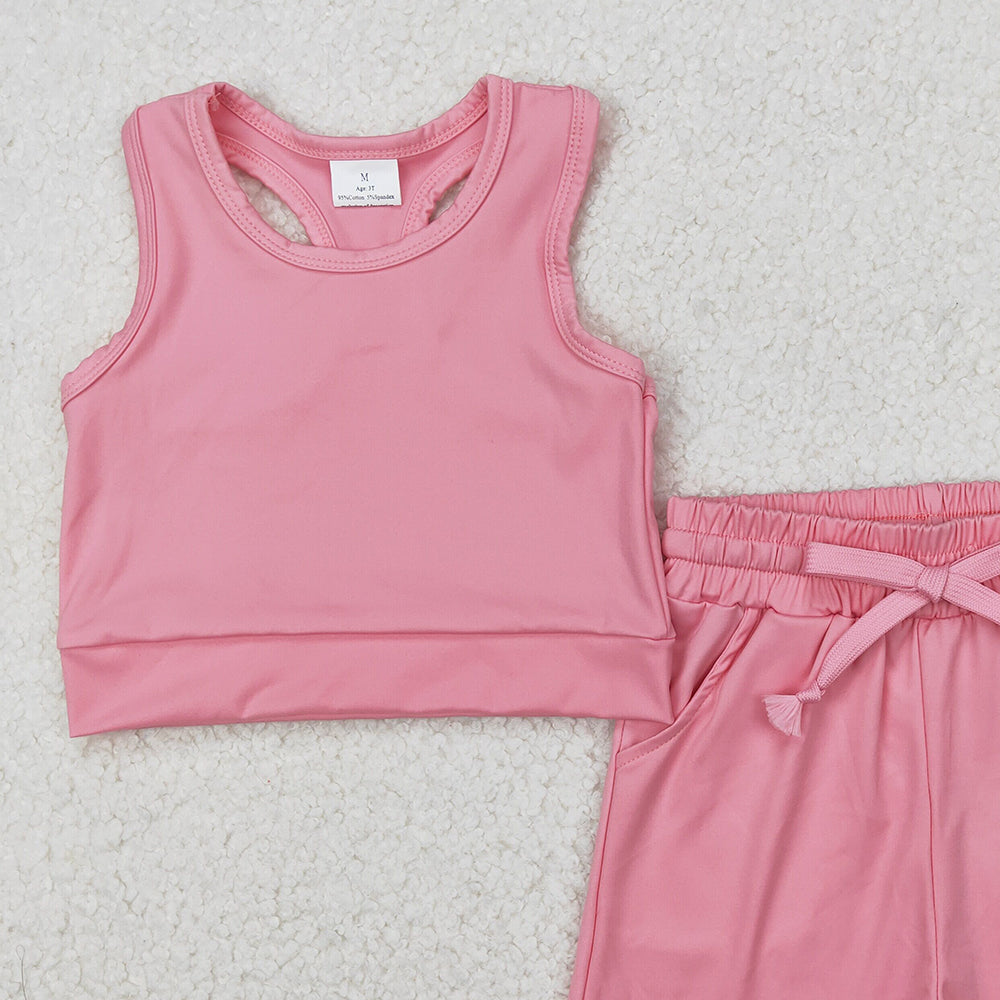 4.08 GSSO2130 RTS NO MOQ Baby Girls Summer Outfits Pink Sleeveless Top Pockets Shorts Yoga Set