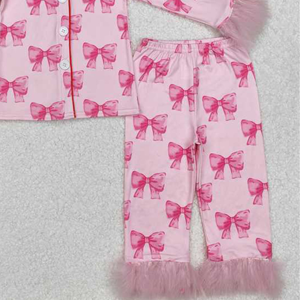 4.30 GLP2289 RTS NO MOQ Pink bow fur long sleeves kids girls button down pajamas