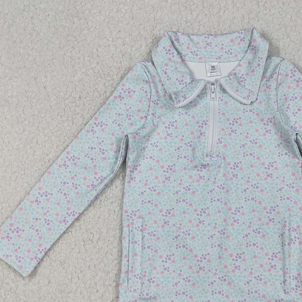 10.10 RTS NO MOQ (In stock)GT1182 Baby Girls Long Sleeve Tops Baby Girls Small Floral Zipper Pockets Yoga Active Pullovers Top
