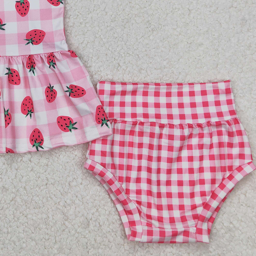 4.08 GBO0264 RTS NO MOQ Baby Girls Strawberry Pink Gingham Bummie Set