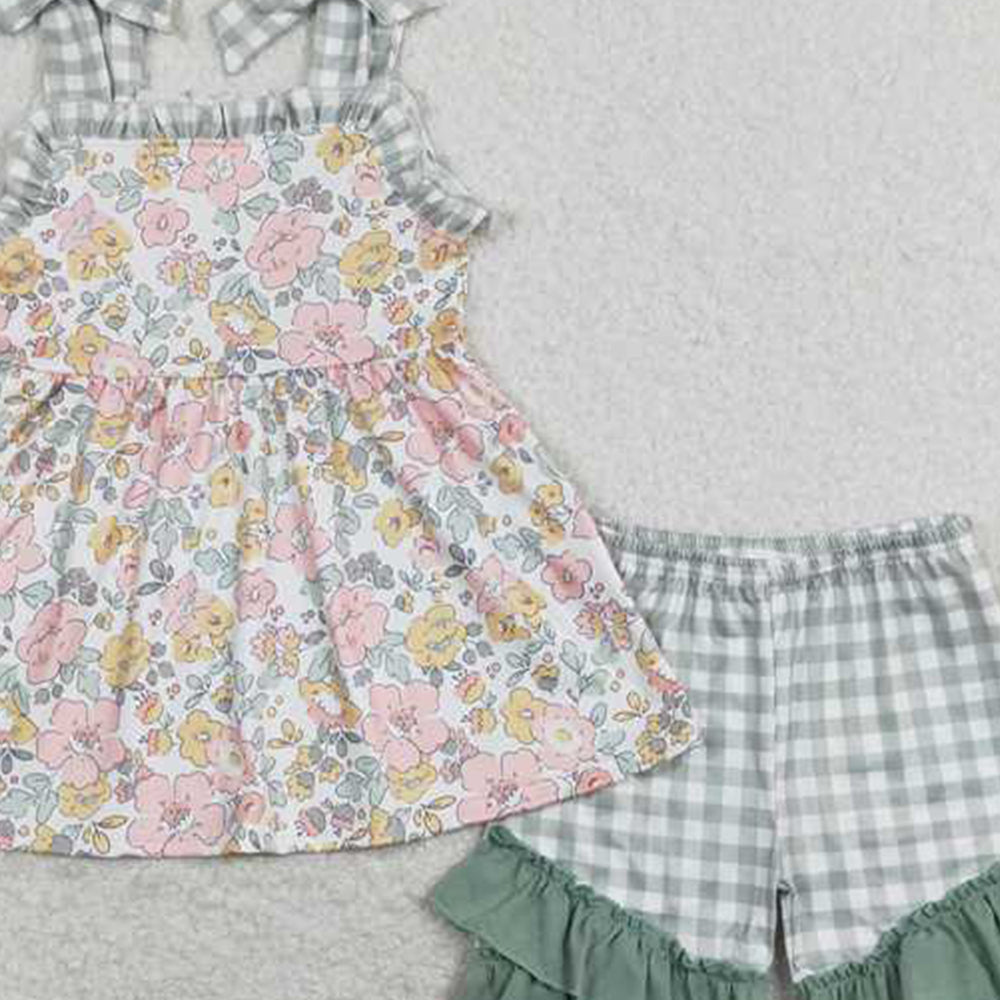 GSSO0565Girls Plaid Suspender Tunic with Floral Ruffle Shorts Set Cute Preemie to 14T Size Matching Family Outfit Option