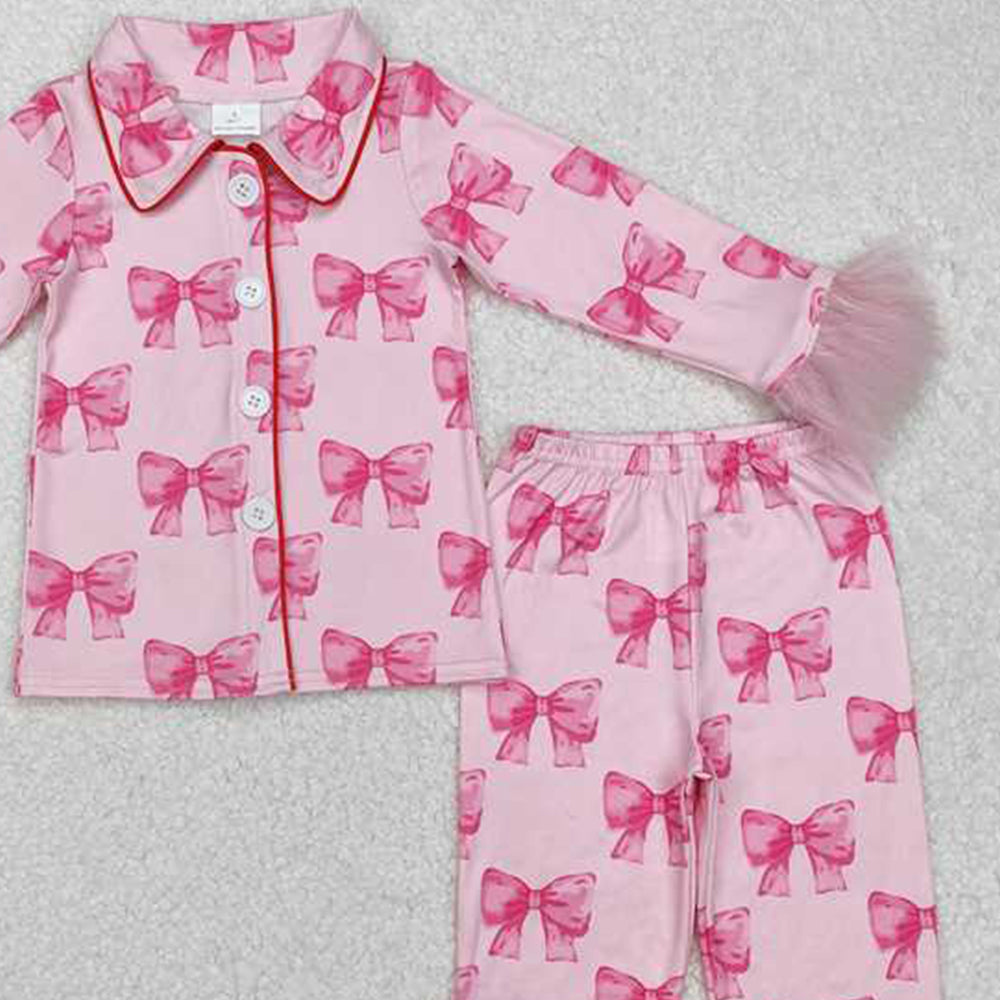 4.30 GLP2289 RTS NO MOQ Pink bow fur long sleeves kids girls button down pajamas