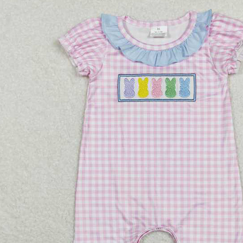 5.16 SR0689 RTS NO MOQ Pink plaid bunny ruffle baby girls easter romper