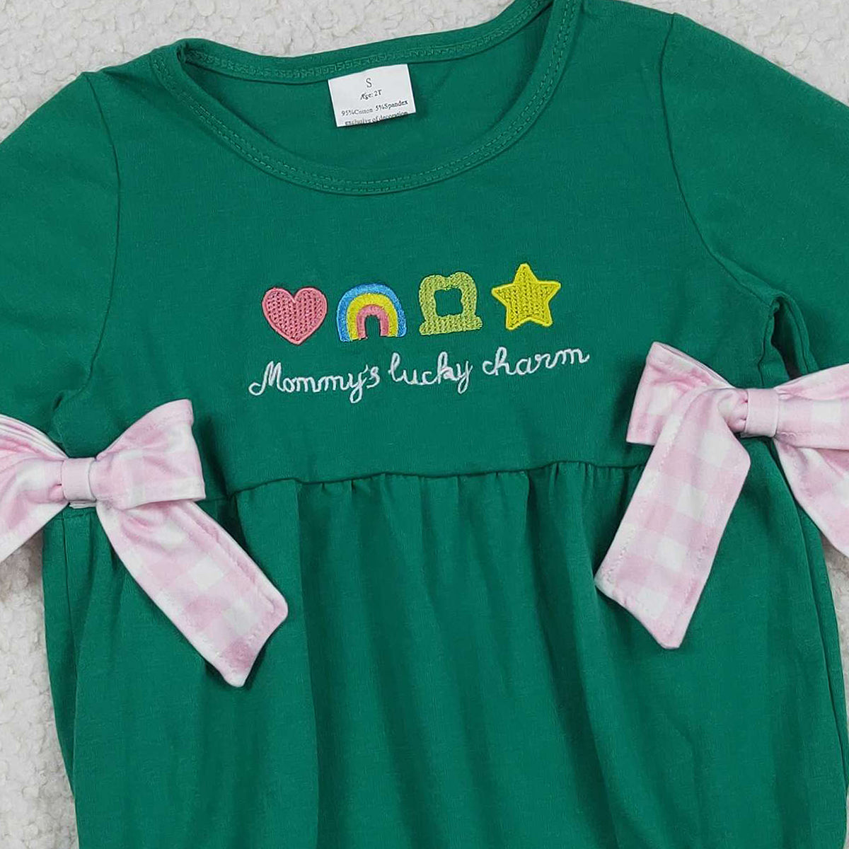 12.17 RTS NO MOQ (In stock)LR2839 Baby Girls Winter Rompers Embroidery Clovers Baby Girls Green Long Sleeve St Patrick Bows Ruffle Rompers