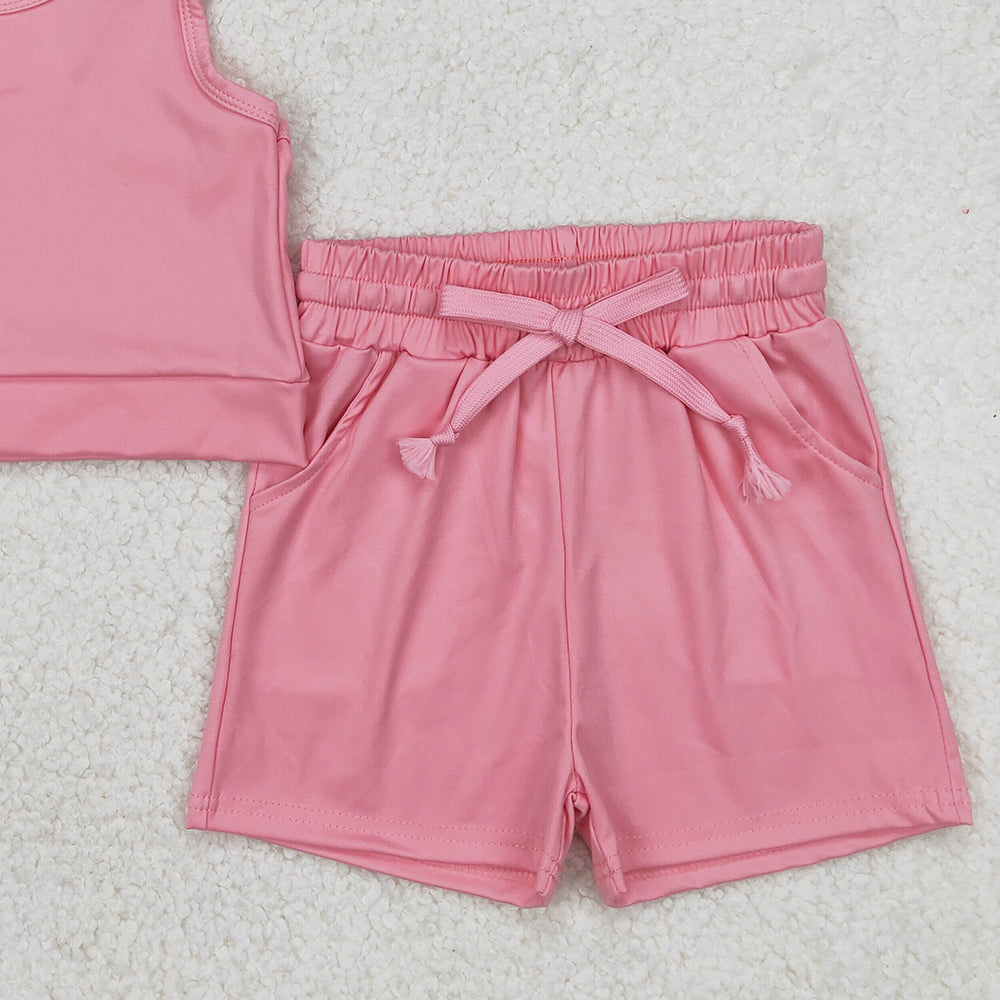 4.08 GSSO2130 RTS NO MOQ Baby Girls Summer Outfits Pink Sleeveless Top Pockets Shorts Yoga Set