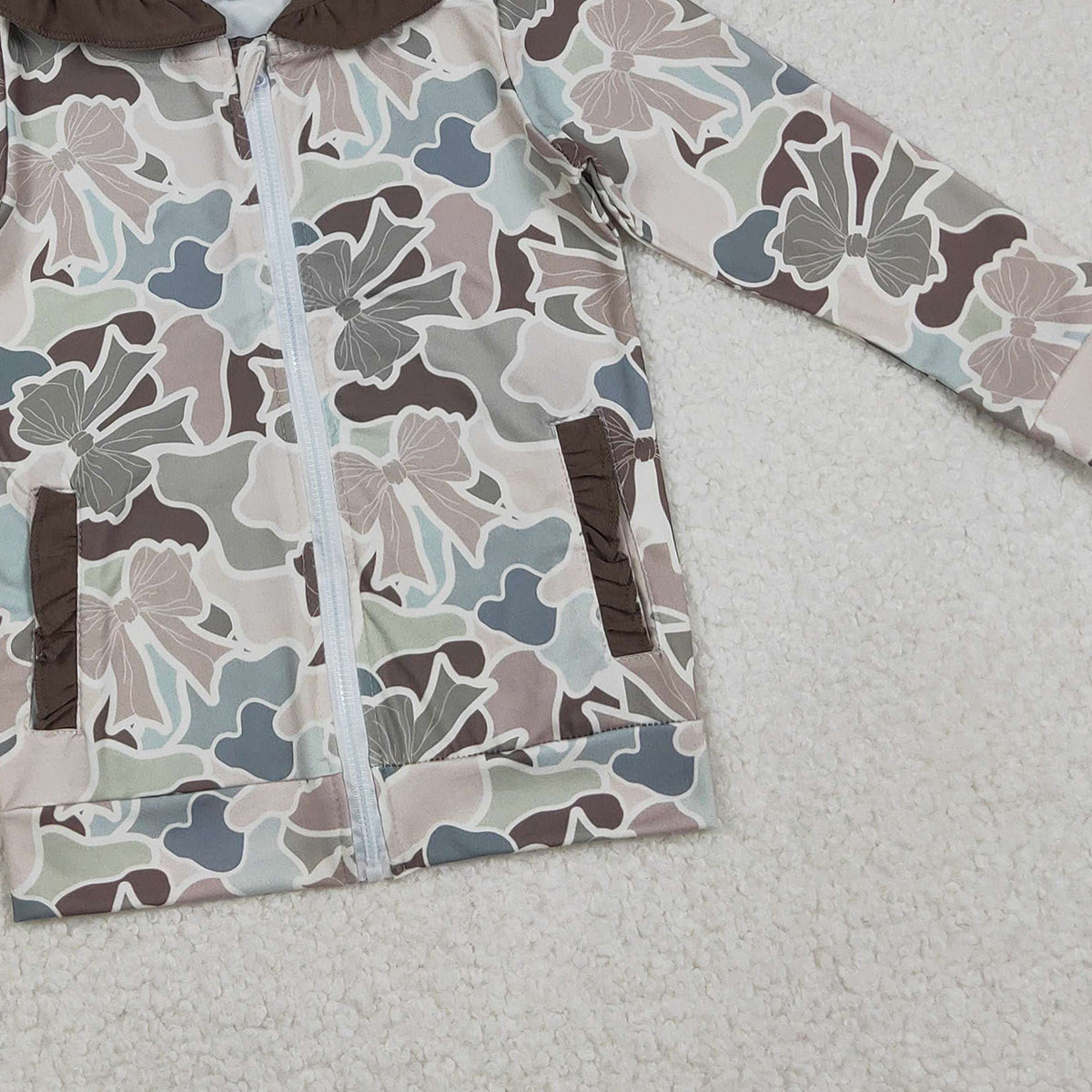 11.11 RTS NO MOQ (In stock)GT1263 Baby Girls Bows Camo Pockets Zipper Hunting Ruffle Hoodies Top