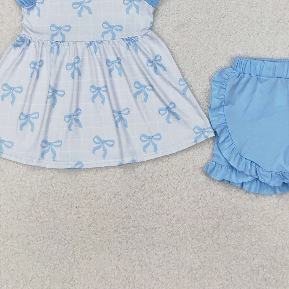 GSSO2120 New Rts No Moq 8-9 Days By Air Arrived it Light blue bow tunic ruffle shorts girls clothing set